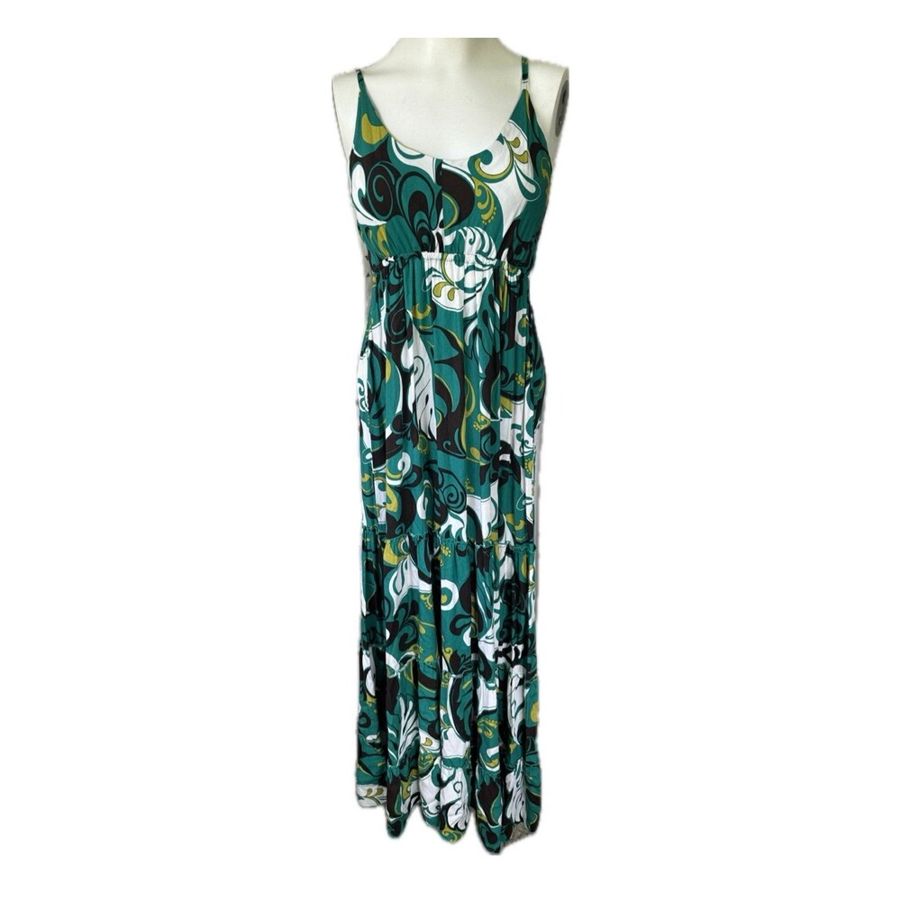 Coconut Moon Hawaiian Aloha Adjustable Spaghetti Straps Tiered Maxi Dress M